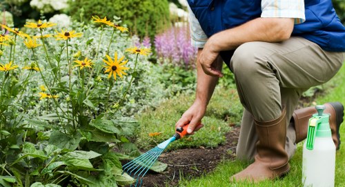 Staff wearing PPE and inspecting tools before beginning landscaping tasks